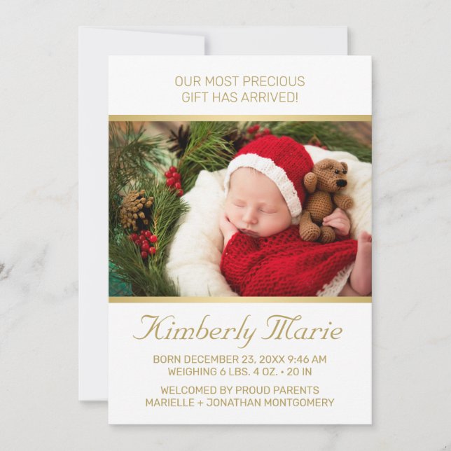 Holiday Baby Birth Elegantes Gold Script mit Foto Ankündigung (Vorderseite)