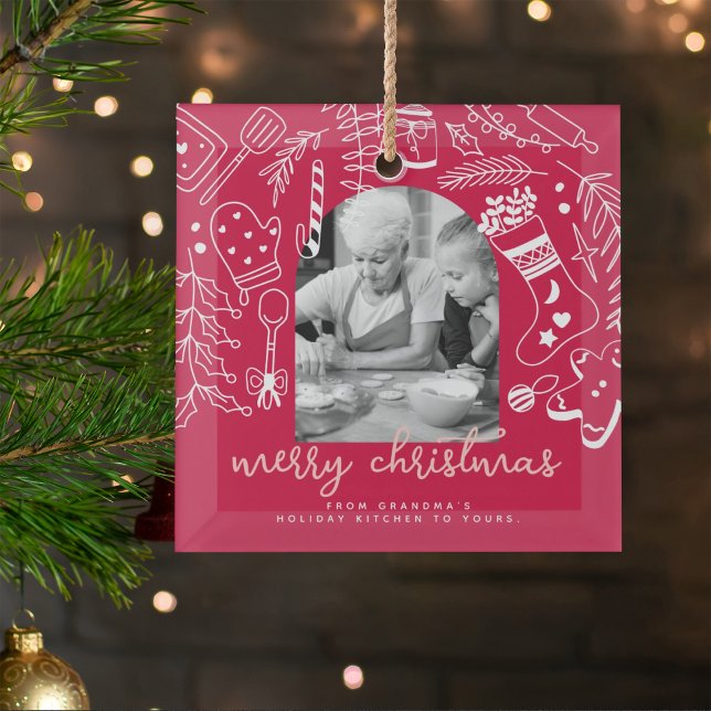 Holiday Baking Red Hand Drawn Christmas Photo Ornament Aus Glas (Von Creator hochgeladen)