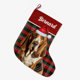 Holiday Basset Hound Festiv Kariert mit dem Namen  Großer Weihnachtsstrumpf