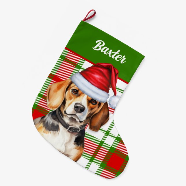 Holiday Beagle Red Green Kariert mit Hundenname Großer Weihnachtsstrumpf (Vorderansicht (hängend))