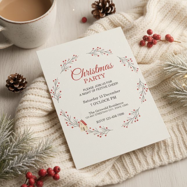 Holiday Berry Branch Christmas Party Invitation (Elegant Christmas Party Invitation)