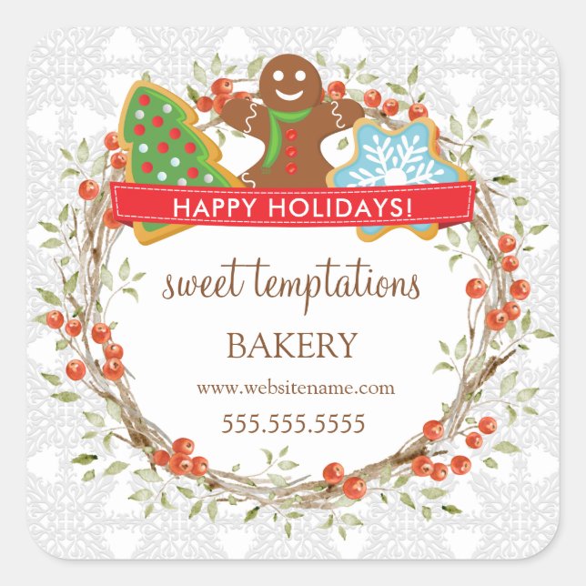 Holiday Berry Wreath Weihnachts-Cookie Square Stic Quadratischer Aufkleber (Vorderseite)