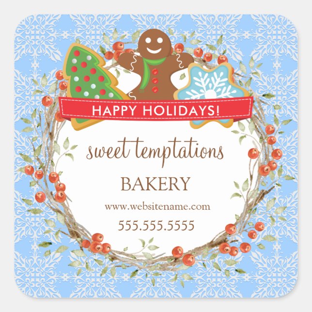 Holiday Berry Wreath Weihnachtskeks Quadratischer Aufkleber (Vorderseite)