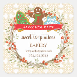 Holiday Berry Wreath Weihnachtskeks Quadratischer Aufkleber