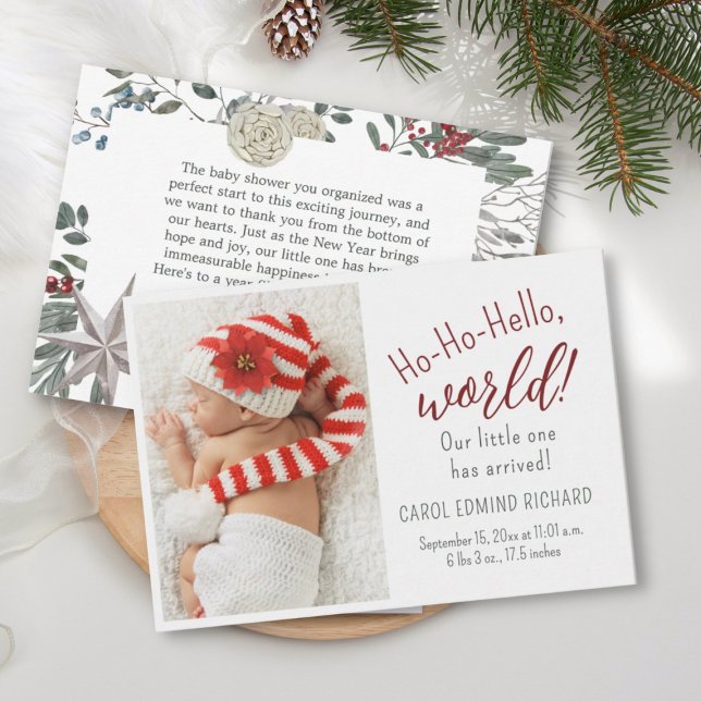Holiday Birth Stats Announcement Baby Shower Photo Dankeskarte (Von Creator hochgeladen)