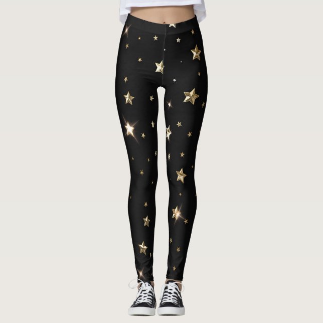 Holiday Black and Gold Imitate Metal Weihnachtssta Leggings (Vorderseite)