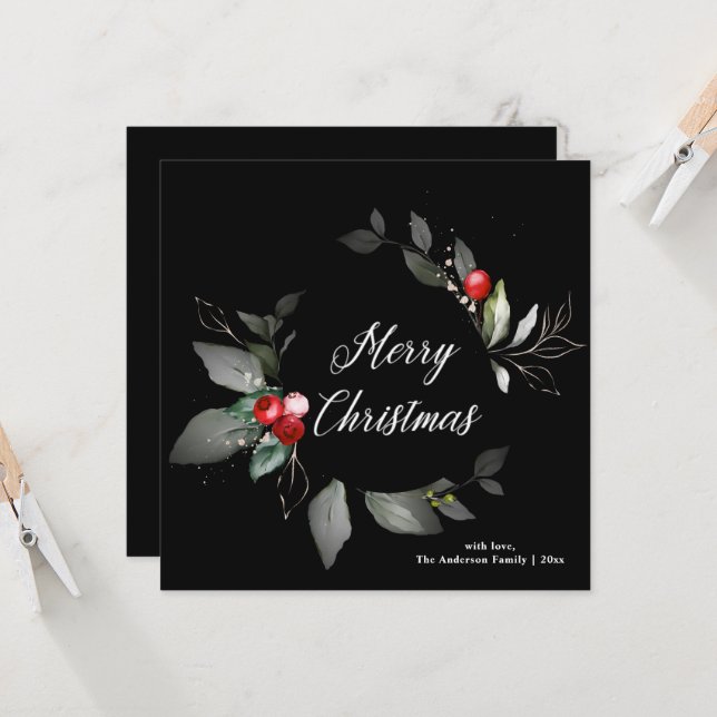 Holiday Black Watercolor Heilige Weihnachtskarte Einladung (Vorderseite/Rückseite Beispiel)