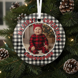 Holiday Black & White Kariert First Christmas Cust Ornament Aus Glas