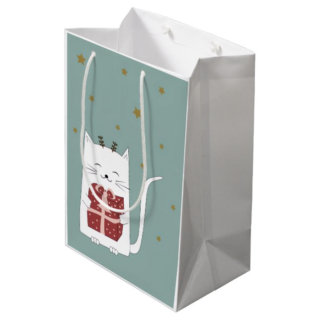 Holiday Blessings Cat Christmas Gift Bags Mittlere Geschenktüte (Rückseite Schrägansicht)