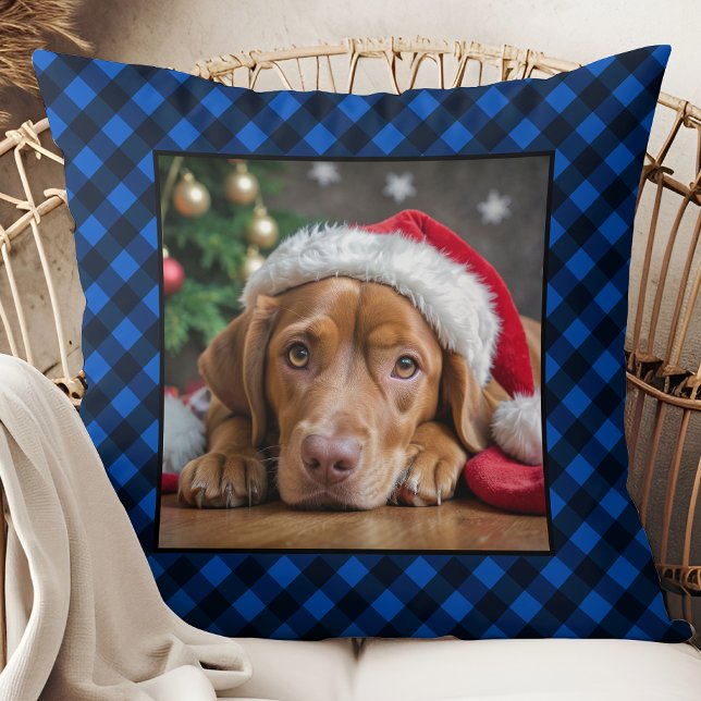 Holiday Blue Kariert Pet Hund Personalisiertes Fot Kissen (Von Creator hochgeladen)