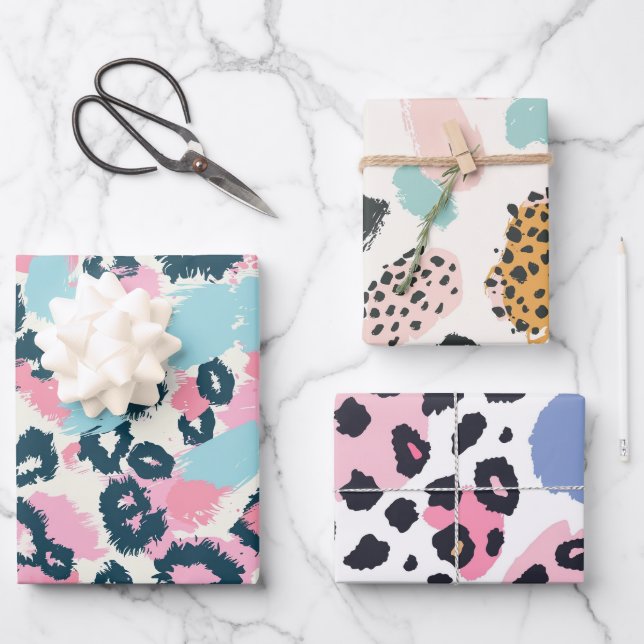Holiday Blue Pink Pastel Leopard Spots Geschenkpapier Set (Vorderseite)