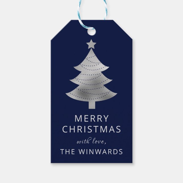 Holiday Blue und Silver Foil Weihnachtsbaum Geschenkanhänger (Vorderseite)