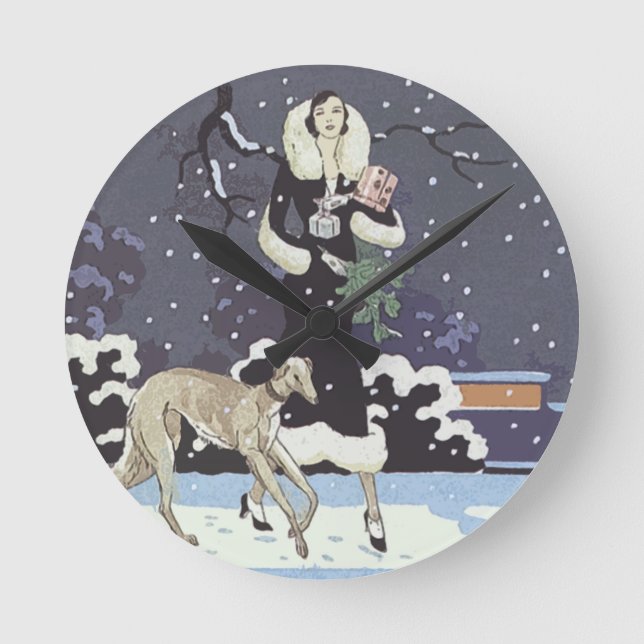 Holiday Borzoi Lady in Snow Runde Wanduhr (Vorderseite)