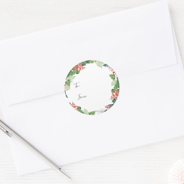 Holiday Botanic Gift Stift Runder Aufkleber (Watercolor Greenery and Red Berries Holiday Botanical Gift Sticker by Painted Paperie
)