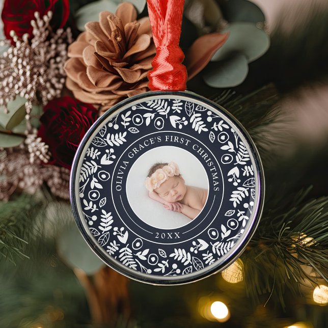 Holiday Botanical | Erstes Weihnachtsfest des Kind Ornament Aus Metall (Von Creator hochgeladen)