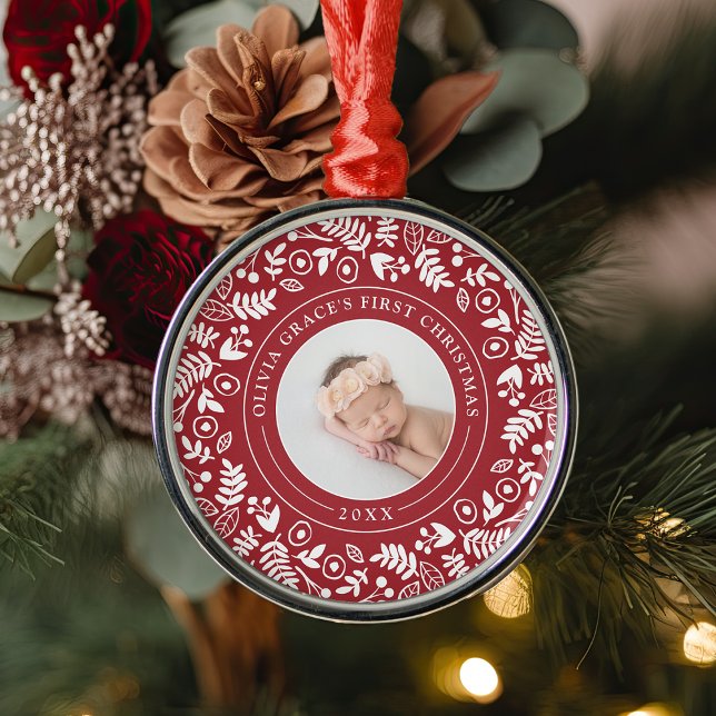 Holiday Botanical | Erstes Weihnachtsfest des Kind Ornament Aus Metall (Von Creator hochgeladen)