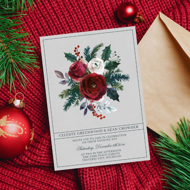 Holiday Bouquet Burgundy Evergreen Bouquet Wedding Einladung (Von Creator hochgeladen)