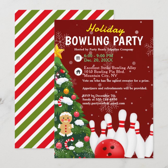 Holiday Bowling Party Xmas Tree Roter Hintergrund Einladung (Vorne/Hinten)