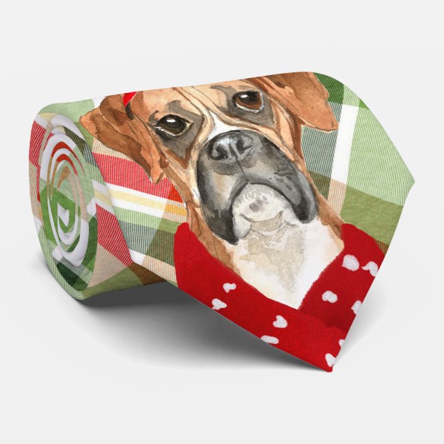 Holiday Boxer Dog Red and Green Plaid Christmas Krawatte (Gerollt)