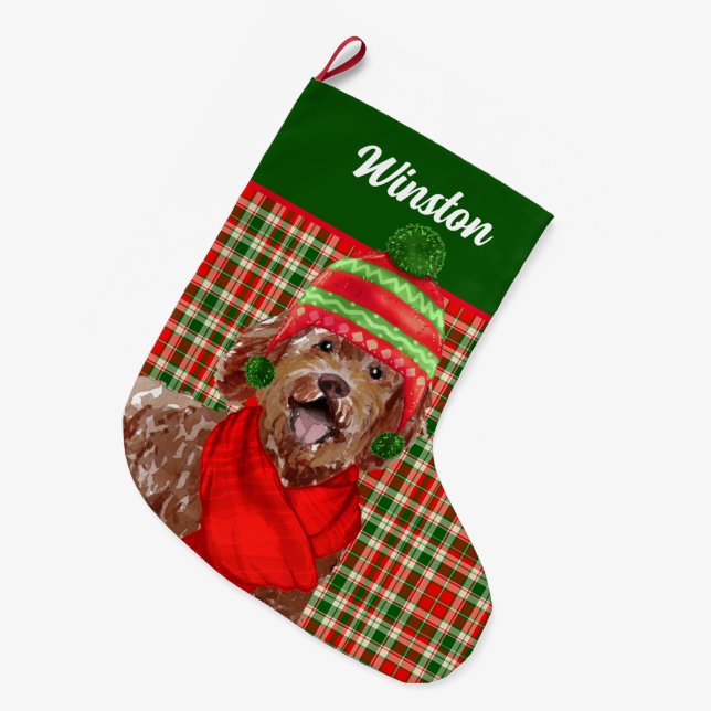 Holiday Brown Labradoodle Kariert und Hundename Großer Weihnachtsstrumpf (Vorderansicht (hängend))