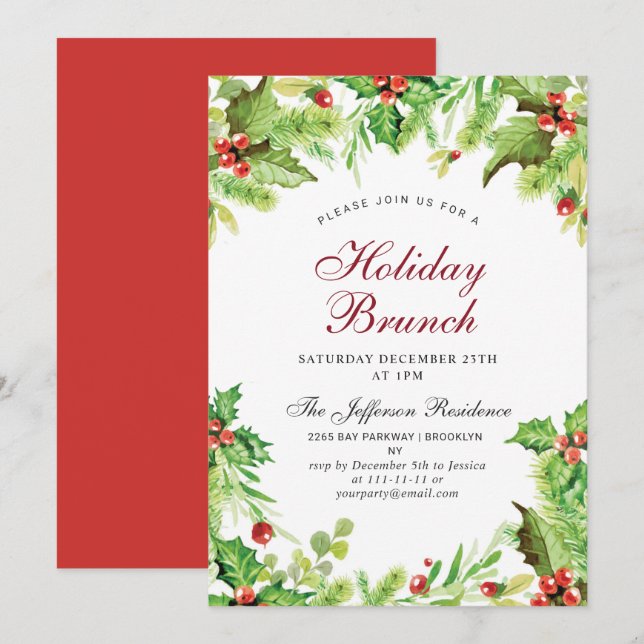 Holiday Brunch Red Holly Berry Weihnachten Einladung (Vorne/Hinten)