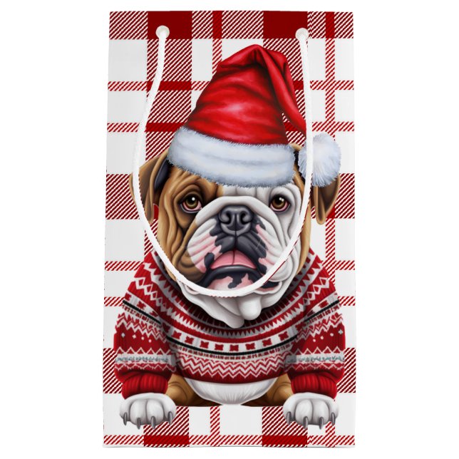 Holiday Bulldog Rot und Weiß Karierte Weihnachten Kleine Geschenktüte (Vorderseite)
