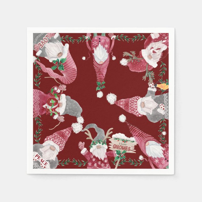 Holiday Burgundy Gnomes Weihnachts-Party Wasserfar Serviette (Vorderseite)