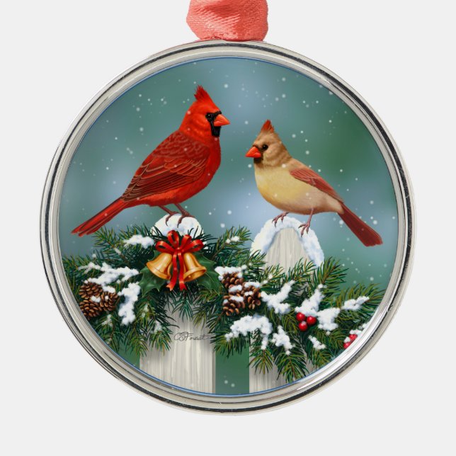 Holiday Cardinals & Christmas Garland Silbernes Ornament (Vorne)