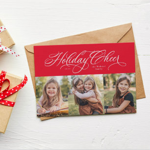 Holiday Cheer élégant trois photo carte rouge