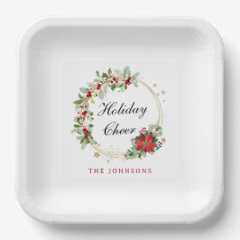 Holiday Cheer Poinsettia Wreath Gold Personalized Pappteller
