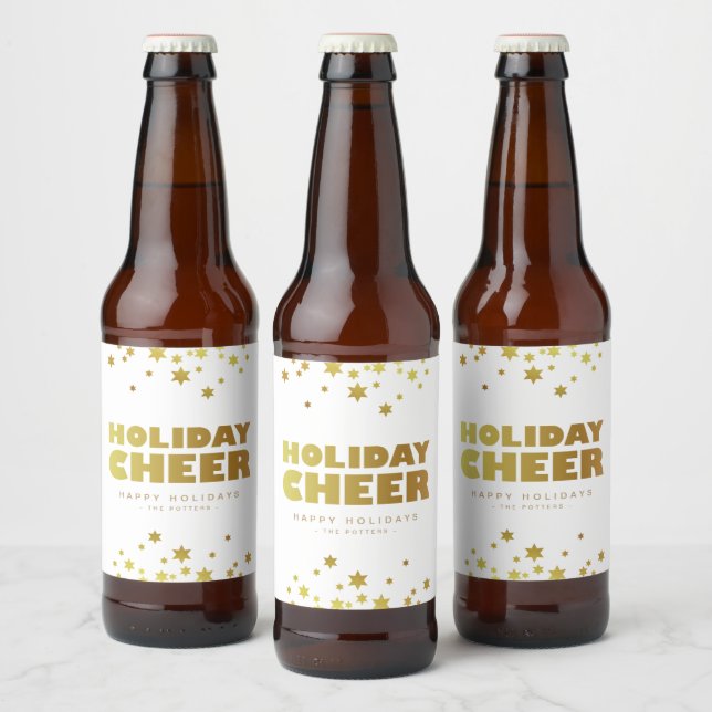 Holiday Cheers | Spaß Weihnachten Weiß & Gold Bierflaschenetikett (Flaschen)
