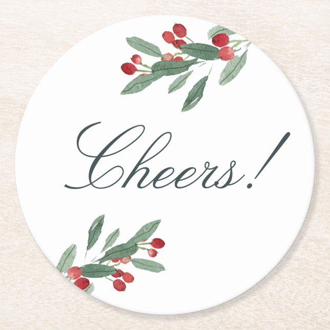 Holiday Cheers Watercolor Berries und Blätter Runder Pappuntersetzer (Vorderseite)