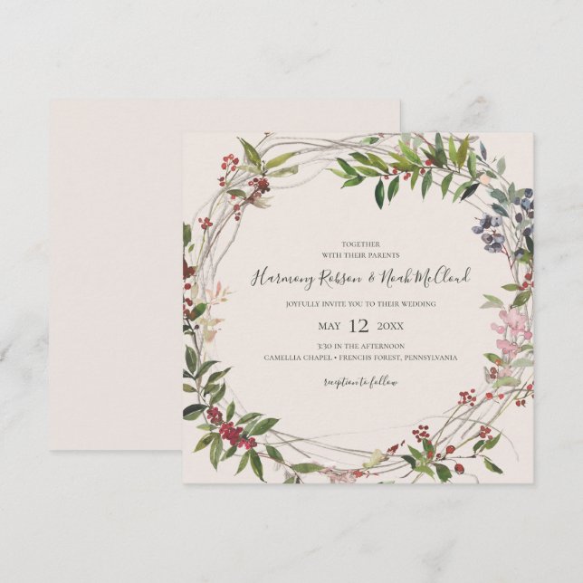 Holiday Chic Botanical | Champagne Square Wedding Einladung (Vorne/Hinten)
