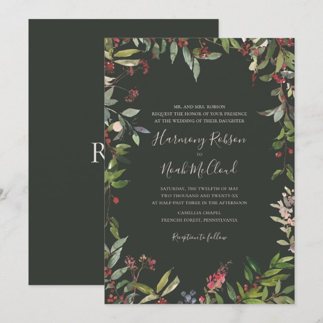 Holiday Chic Botanical | Dark Green Wedding Invita Einladung (Vorne/Hinten)