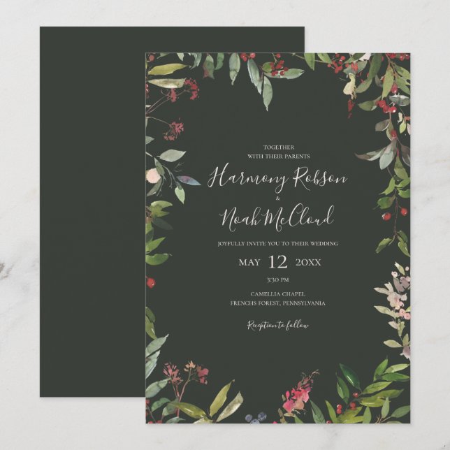 Holiday Chic Botanical | Dunkelgrüne Lässige Hochz Einladung (Vorne/Hinten)