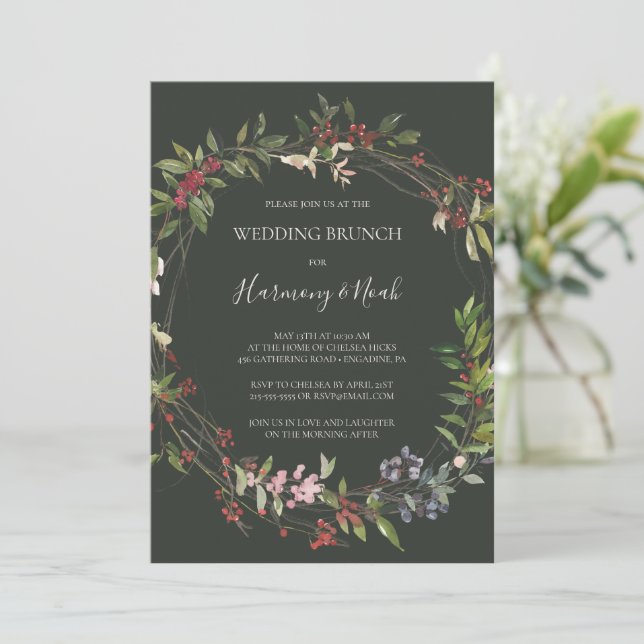 Holiday Chic Botanical | Dunkelgrüner Hochzeitsbru Einladung (Stehend Vorderseite)