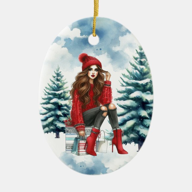 Holiday Chic Brünett Red Fashion Personalisiert Keramik Ornament (Vorne)