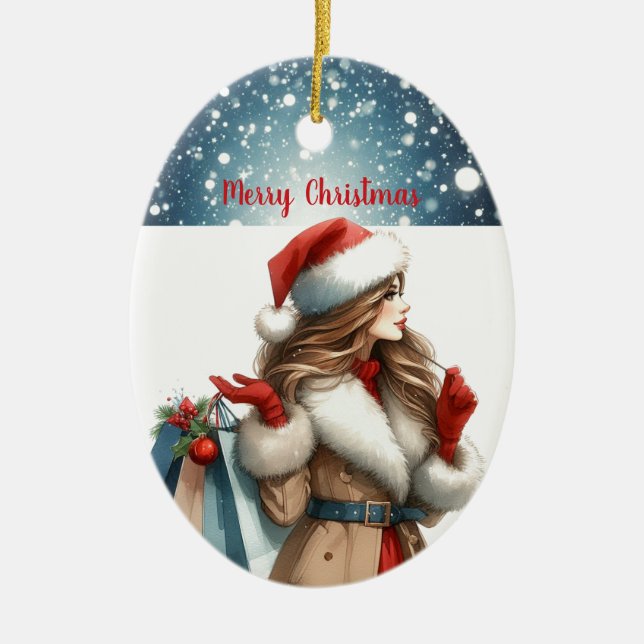 Holiday Chic Brünett Red Fashion Personalisiert Keramik Ornament (Vorne)