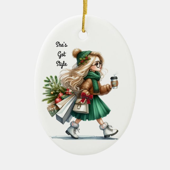 Holiday Chic Stilvolle Blond Fashion Personalisier Keramik Ornament (Vorne)