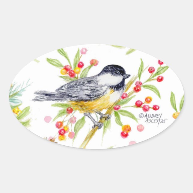 Holiday Chickadee Berry Branch Greeting Card Ovaler Aufkleber (Vorderseite)
