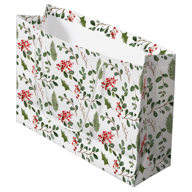 Holiday Christmas Holly Leaves Berry Pattern Große Geschenktüte (Vorderseite Schrägansicht)