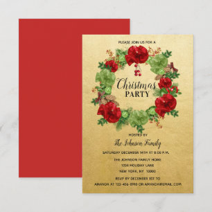 Holiday CHRISTMAS PARTY Wreath GOLD Rot Grün Einladung