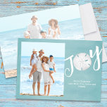 Holiday Christmas Photo Watercolor Blue Beach Feiertagskarte<br><div class="desc">This design features a Christmas holiday greeting card template with a 2 two photo,  fun cute beach design,  a simple minimalist tropical,  brush script typography with turquoise blue watercolor,  with simple joy,  at the beach,  tropical Florida holiday photo card.</div>