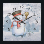 Holiday Christmas Snowman Watercolor Snow Quadratische Wanduhr<br><div class="desc">Cute watercolor snowman Christmas clock.  Adorable.  So cute for your holiday.   See matching products.  Remember,  you can transfer this pattern to anything ‘Zazzle” has available for purchase.  This will make a special gift for that “hard to buy person”. This decoration can be used throughout the winter season.</div>