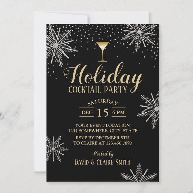 Holiday Cocktail Party Modernes Silver Snowflakes Einladung (Vorderseite)