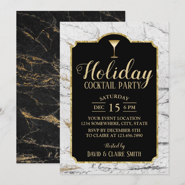 Holiday Cocktail Party Modernes, weißes Marmor Einladung (Vorne/Hinten)