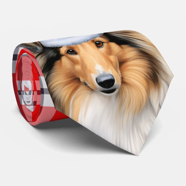 Holiday Collie Dog Rot und Weiß Karierte Weihnacht Krawatte (Gerollt)