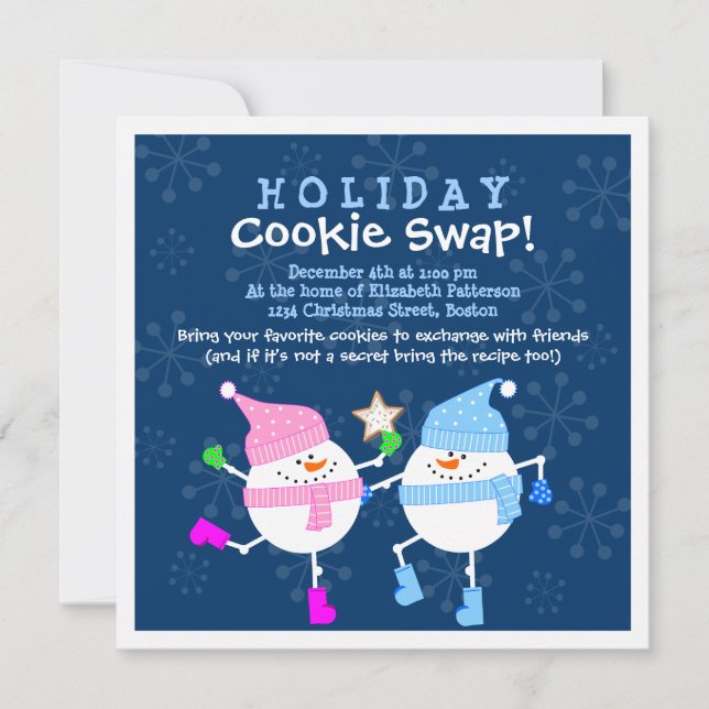 Holiday Cookie Swap Happy Snowmen Einladung (Vorderseite)