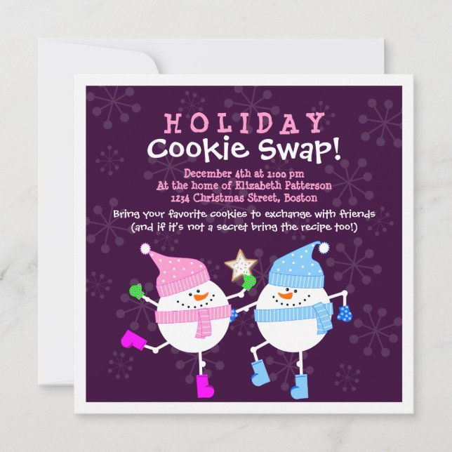 Holiday Cookie Swap Happy Snowmen Einladung (Vorderseite)
