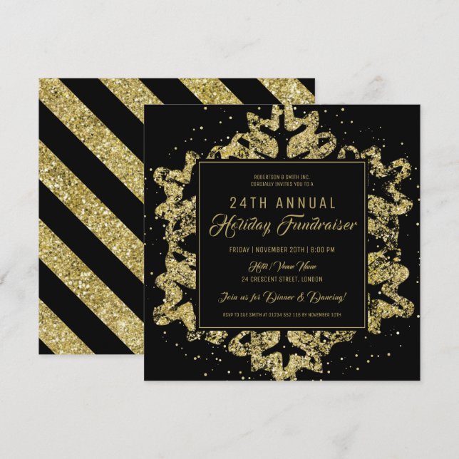 Holiday Corporate Fundraiser Gala Gold & Black Einladung (Vorne/Hinten)